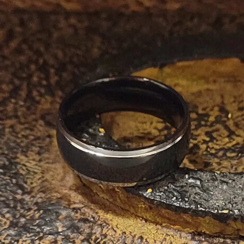 Men's Black Titanium Wedding Ring Band - Black With Silver step Edges